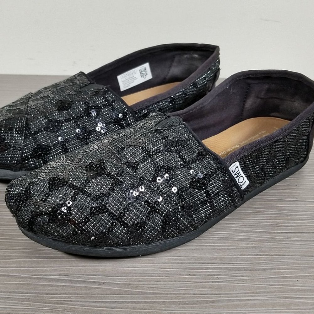 Toms Classic Sequin Glitz Slip-On, Black & Grey Textile, Womens Size 7